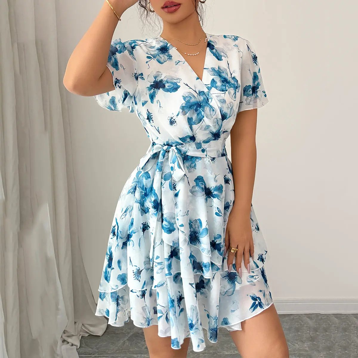 Fashion Printed Tie Waist Casual Dress - TARHUS