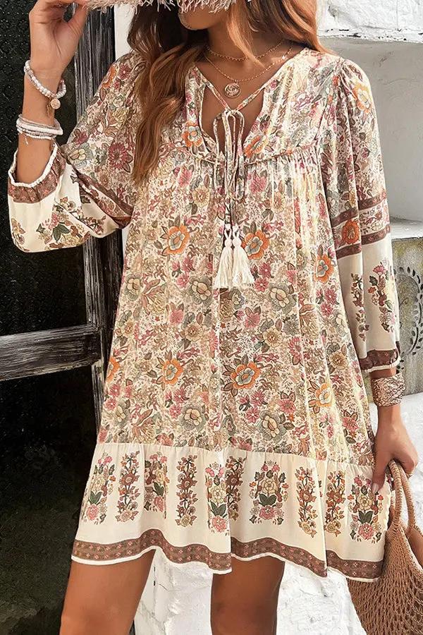 Bohemia Print V Neck Casual Dress - TARHUS