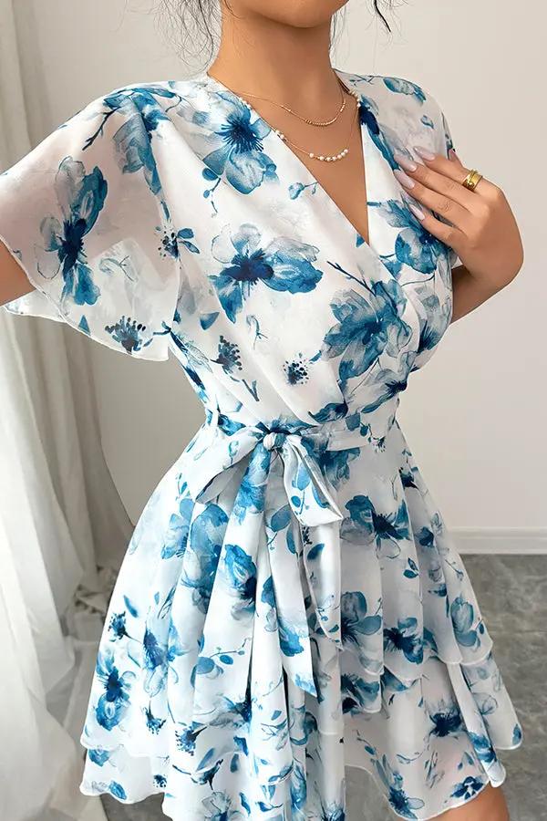 Fashion Printed Tie Waist Casual Dress - TARHUS