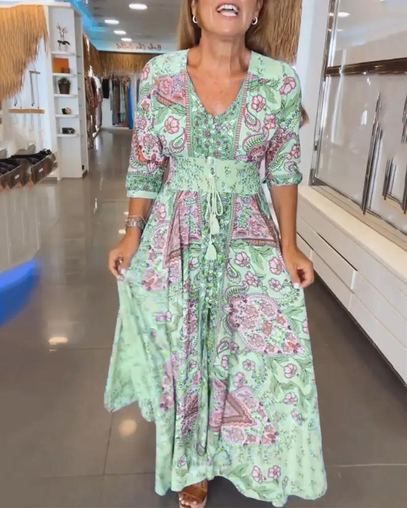 Boho V-Neck Maxi Dress for Women – Floral Holiday Dress with 3/4 Sleeves - TARHUS