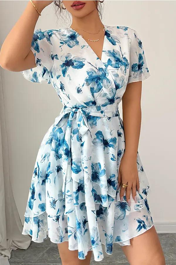 Fashion Printed Tie Waist Casual Dress - TARHUS