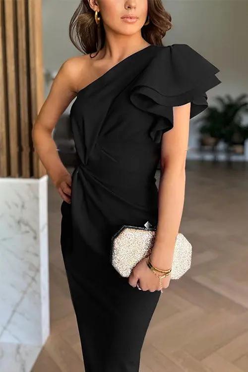 Caz - Off-shoulder Ruffle Sleeve Slit Midi Dress - TARHUS