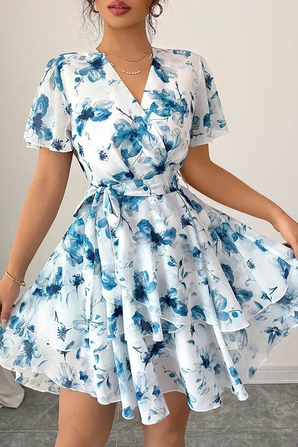 Fashion Printed Tie Waist Casual Dress - TARHUS