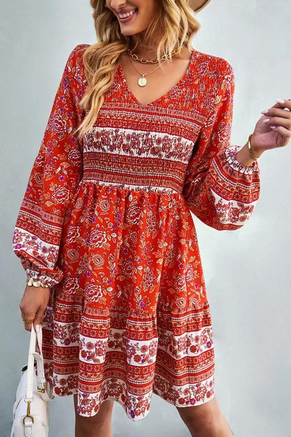Bohemia Smocked Bust Long Sleeve Printed Dress - TARHUS
