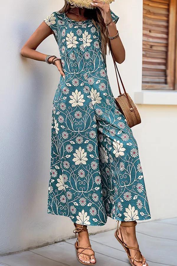 Vintage Floral Print Casual Jumpsuit - TARHUS