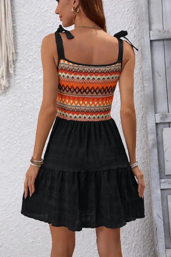 Bohemia Print Patchwork Ruffle Casual Dress - TARHUS