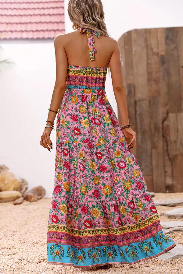 Bohemia Print Halter Neck Split Side Maxi Dress - TARHUS