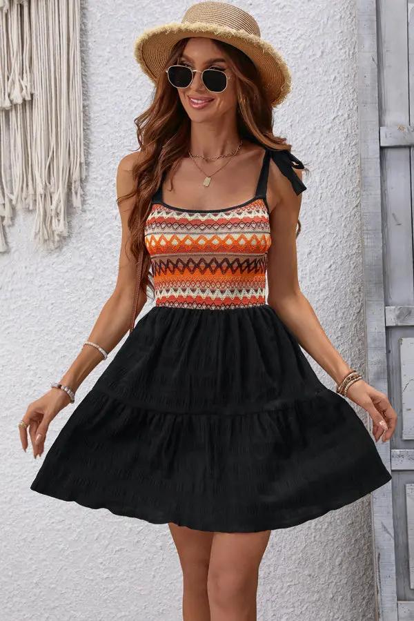 Bohemia Print Patchwork Ruffle Casual Dress - TARHUS