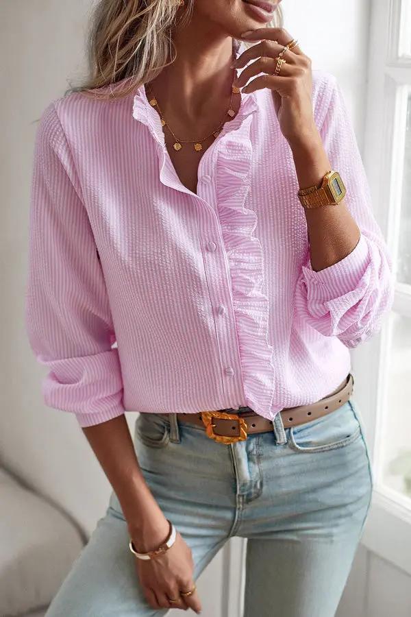 Button Stringy Selvedge Long Sleeve Casual Tops - TARHUS