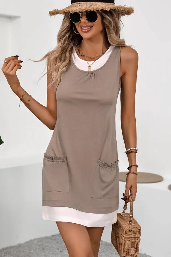 Color Block Round Neck Casual Mini Dress - TARHUS