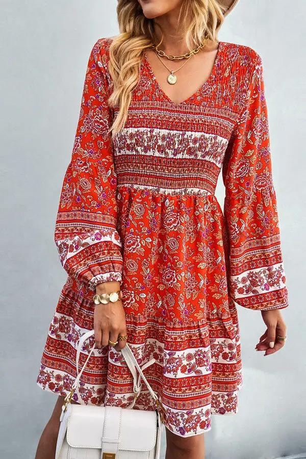 Bohemia Smocked Bust Long Sleeve Printed Dress - TARHUS