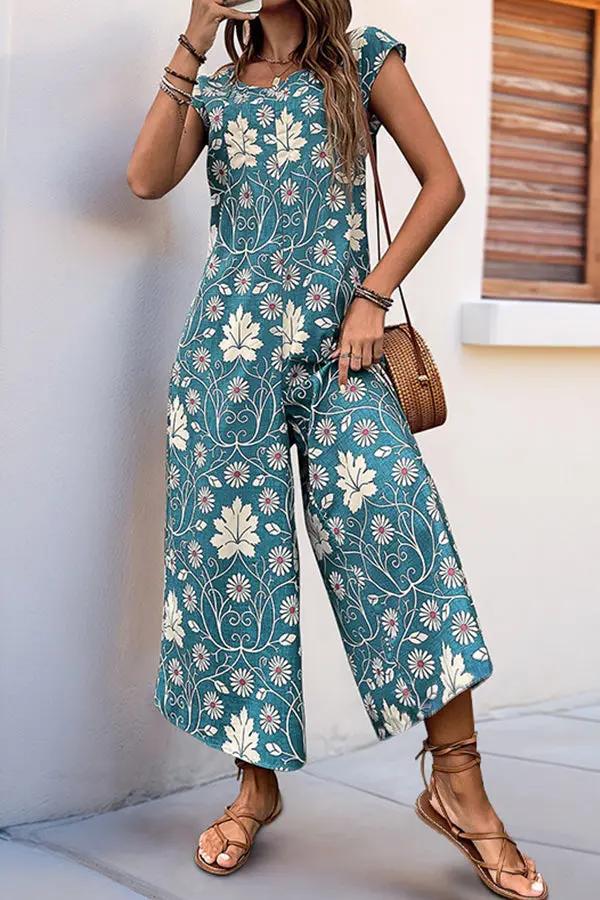 Vintage Floral Print Casual Jumpsuit - TARHUS