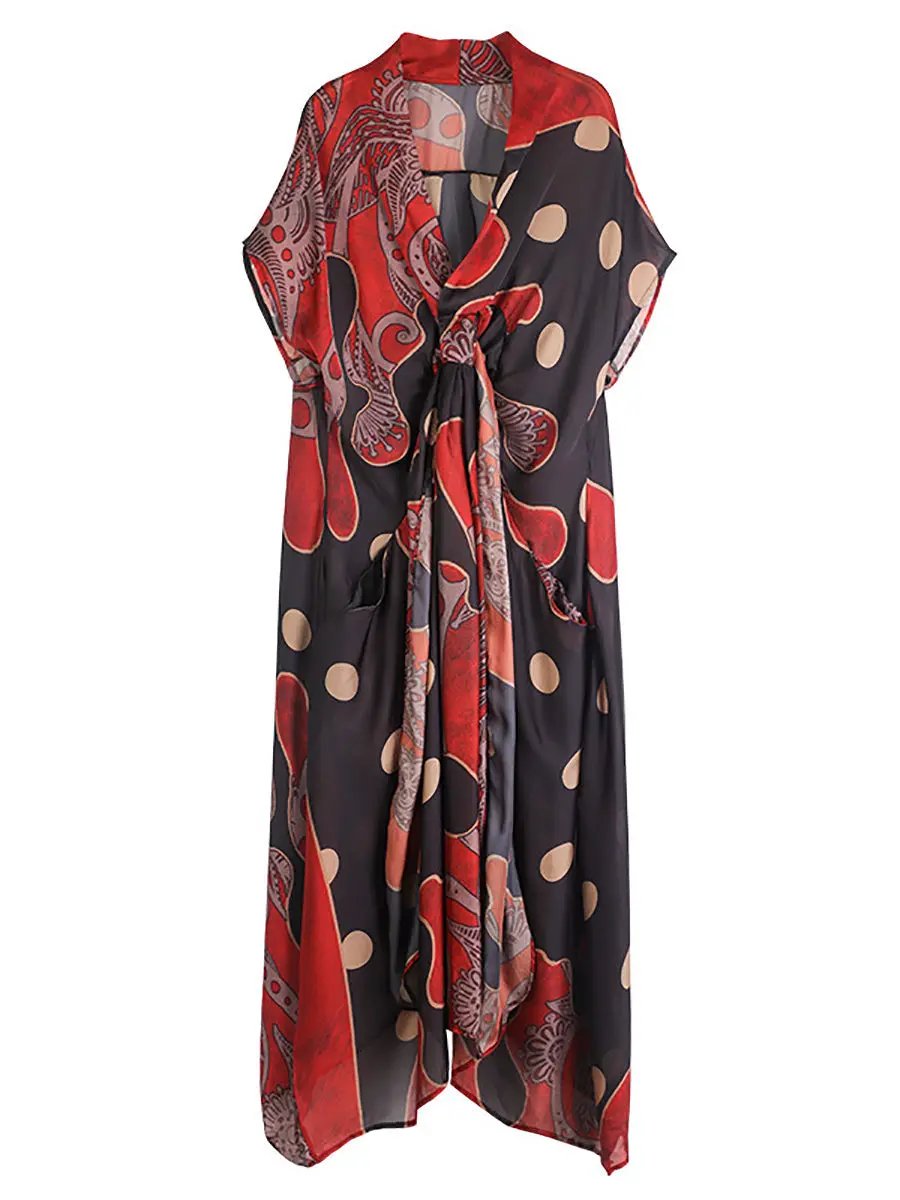 Women Summer Retro Dot Print Drawstring Loose Dress - TARHUS