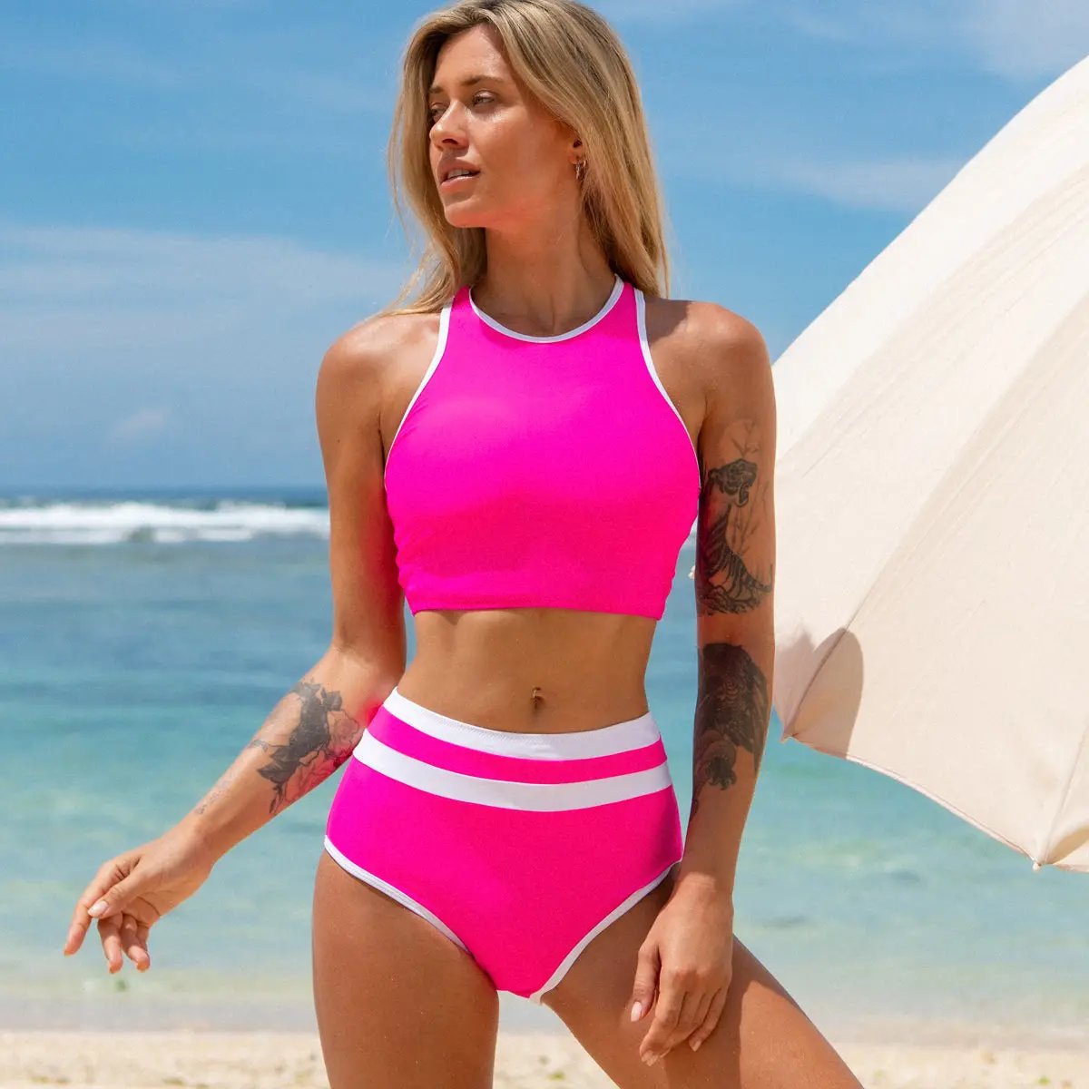 Color Block Round Neck Bikini Set - TARHUS