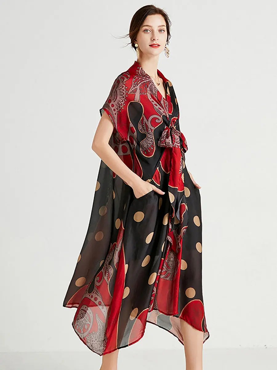 Women Summer Retro Dot Print Drawstring Loose Dress - TARHUS