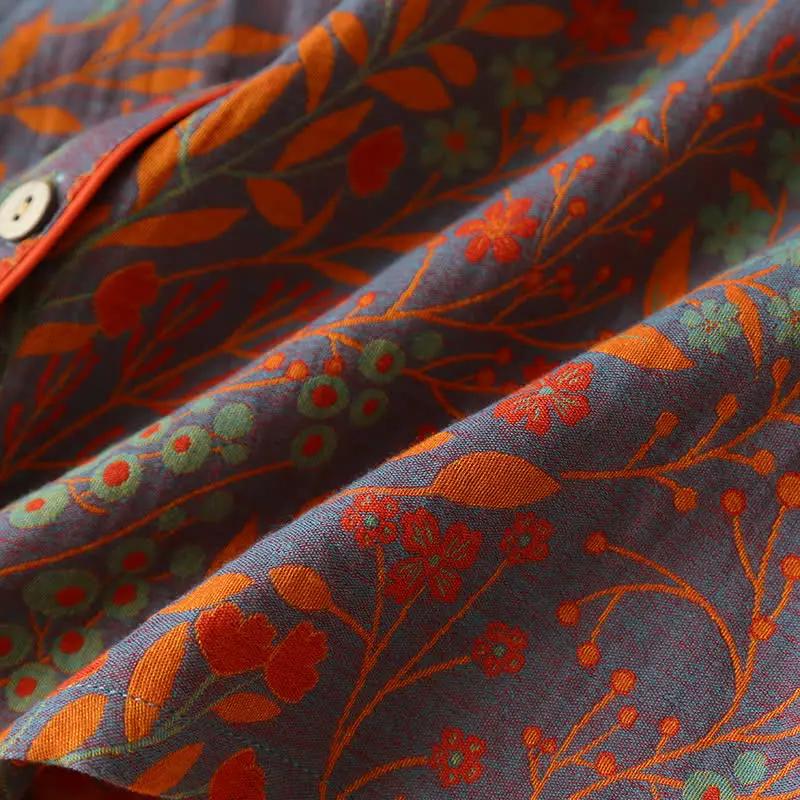 Vintage Leaf Cotton Lapel Loungewear Set - TARHUS