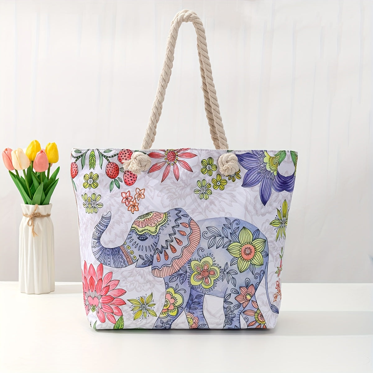 Stylish Blue Mandala Print Tote Bag for Women - Casual Shoulder Bag with Rope Handles, Vibrant Floral Patterns, Zip Closure, Perfect for Vacation Or Everyday Use, Vacation Tote Bag | Trendy Women'S Bag | Woven Texture, Novelty Purse TARHUS
