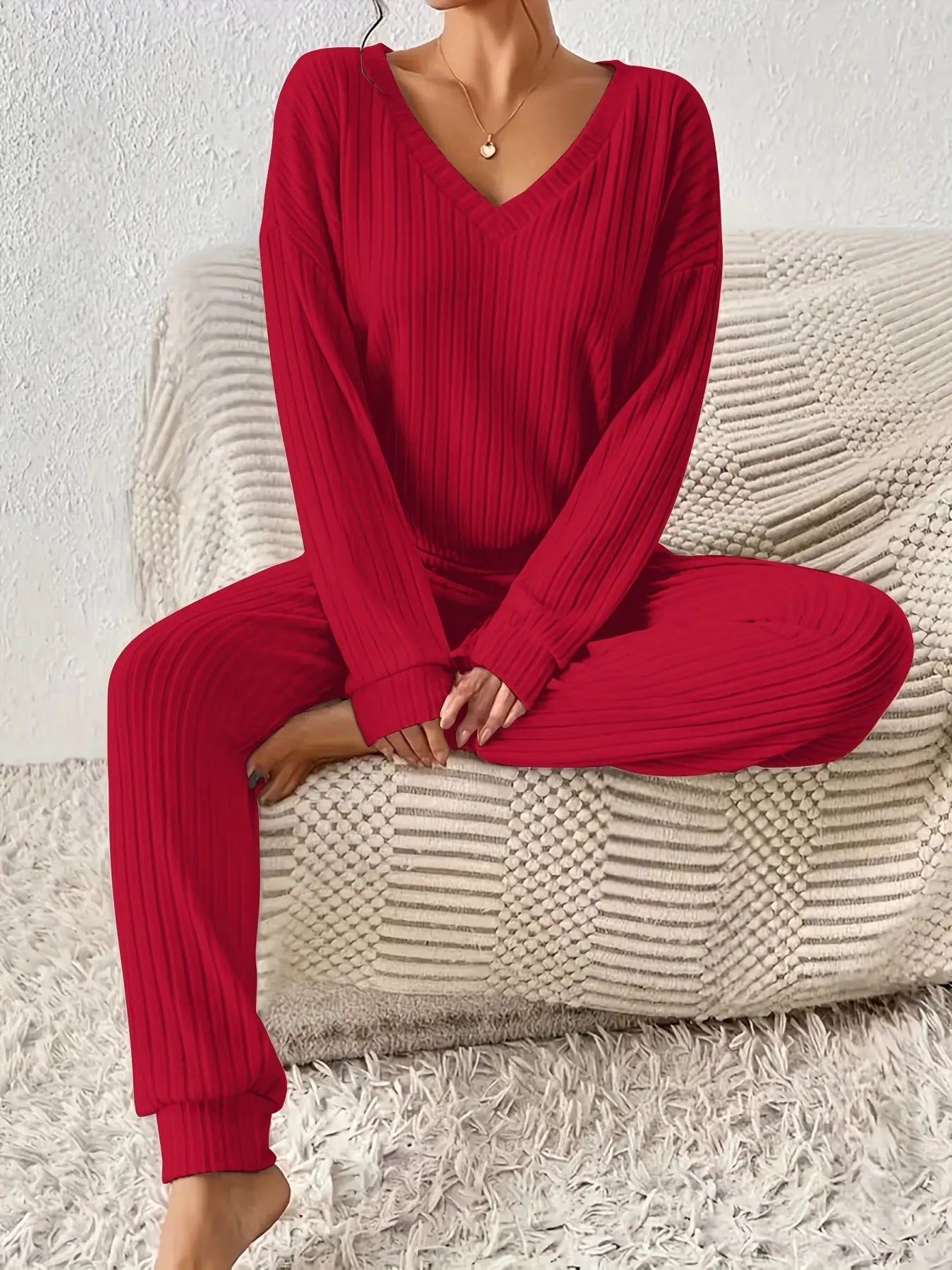 Women’s Knit Lounge Set – Long Sleeve Ribbed Top & Jogger Pants | Cozy 2-Piece Loungewear - TARHUS