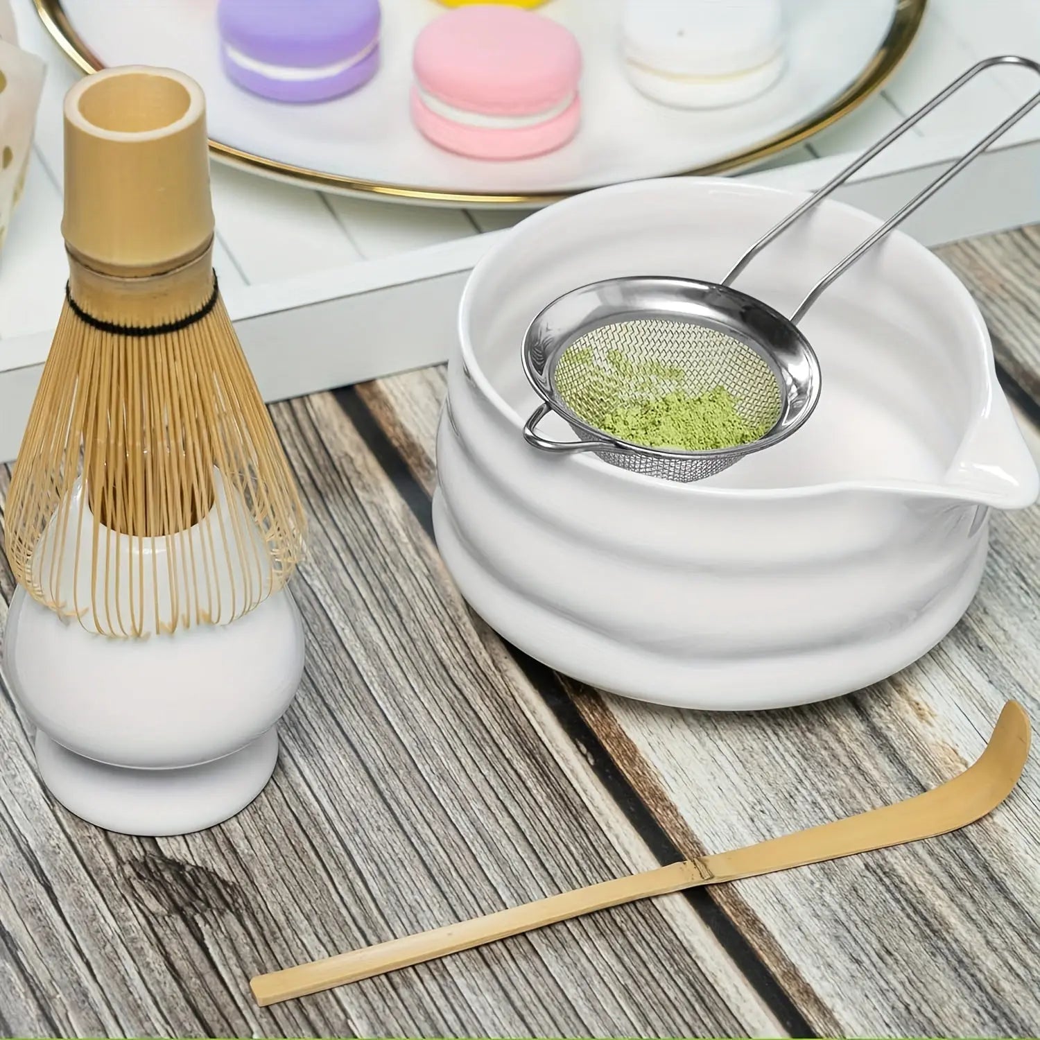 5pc Matcha Set – Ceramic Bowl, Bamboo Whisk, Gold Scoop & Sieve - TARHUS
