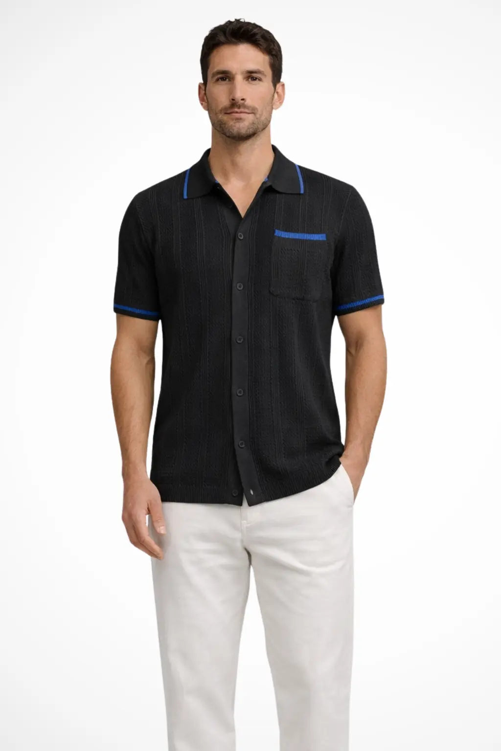 Finlay | Men Short Sleeve Camp Collar Button Front Openwork Knit Shirt with Contrast Trim TARHUS Shirts