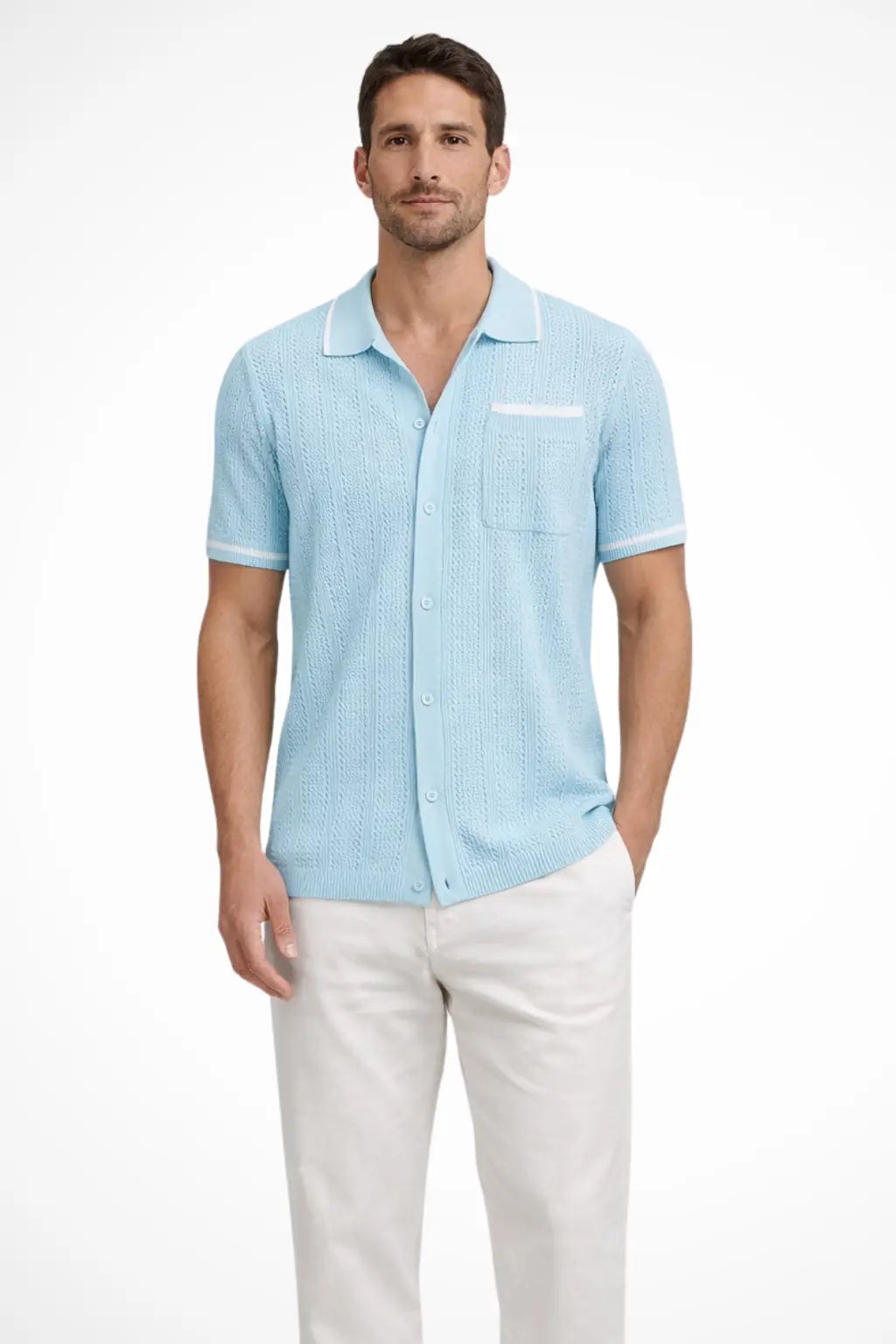 Finlay | Men Short Sleeve Camp Collar Button Front Openwork Knit Shirt with Contrast Trim TARHUS Shirts