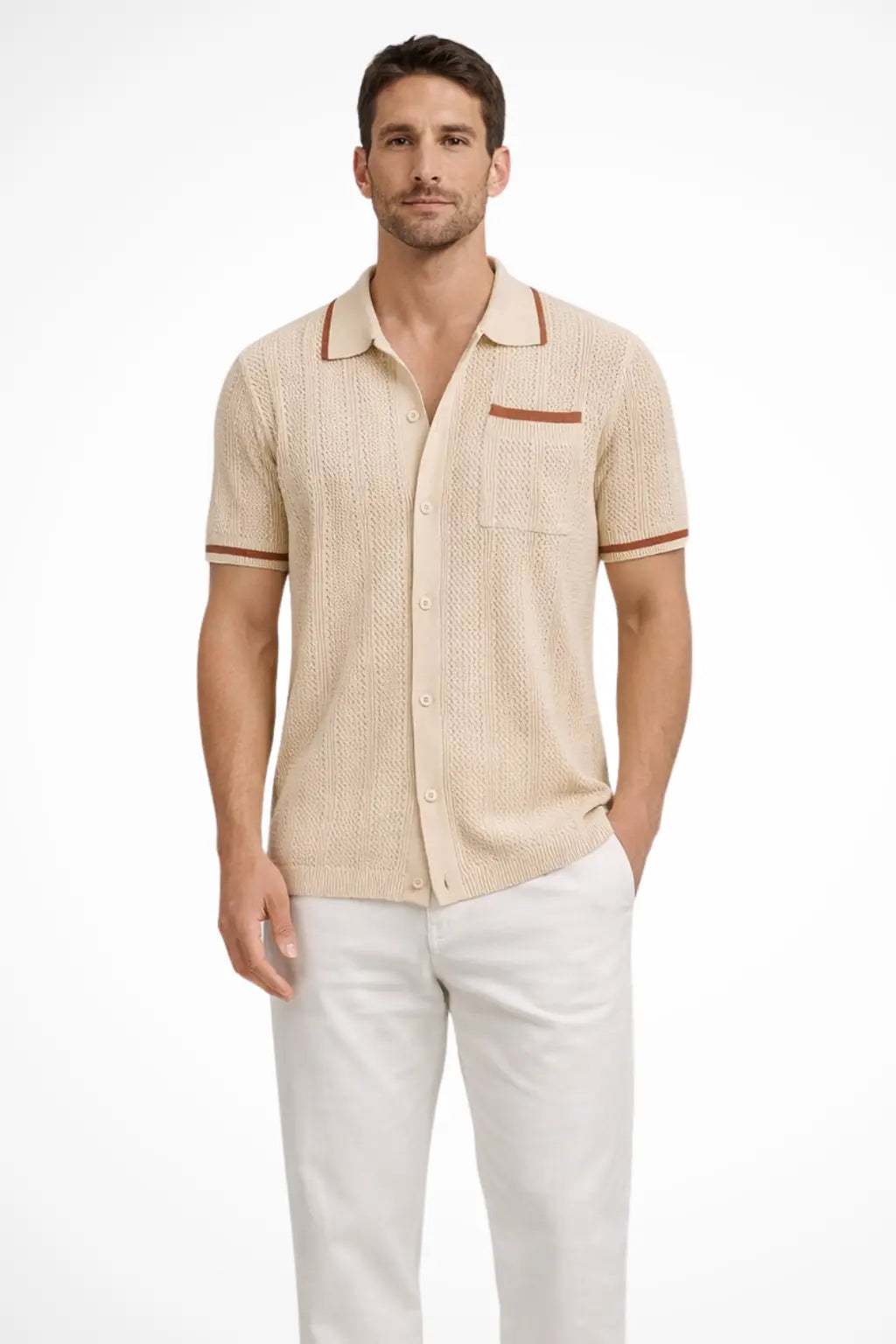 Finlay | Men Short Sleeve Camp Collar Button Front Openwork Knit Shirt with Contrast Trim TARHUS Shirts