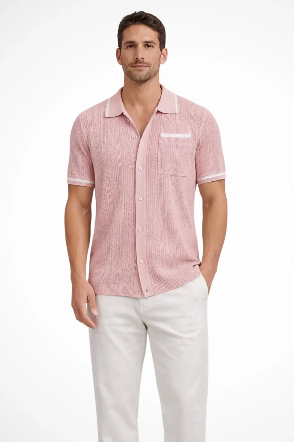 Finlay | Men Short Sleeve Camp Collar Button Front Openwork Knit Shirt with Contrast Trim TARHUS Shirts