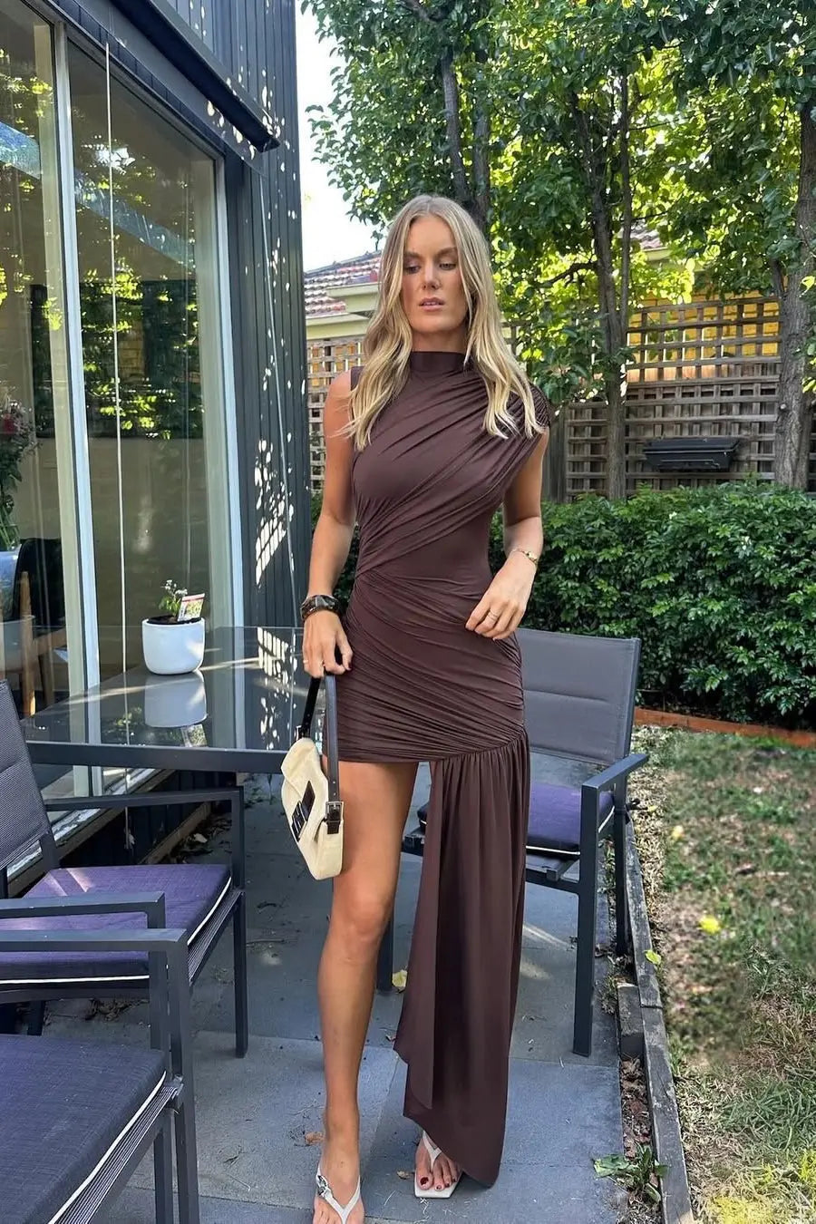 Brown High Neck Ruched Draped Mini Dress TARHUS Dress