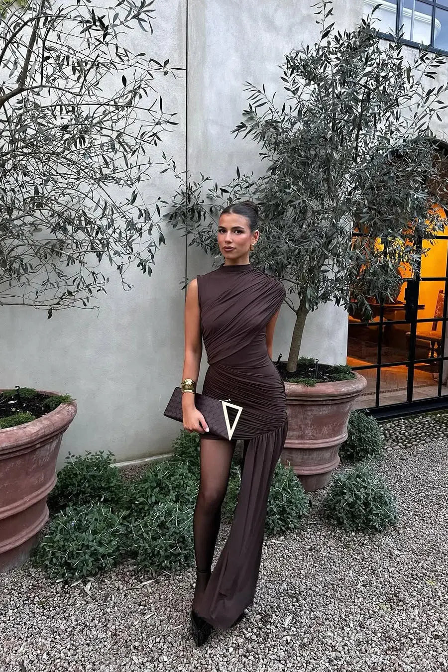 Brown High Neck Ruched Draped Mini Dress TARHUS Dress