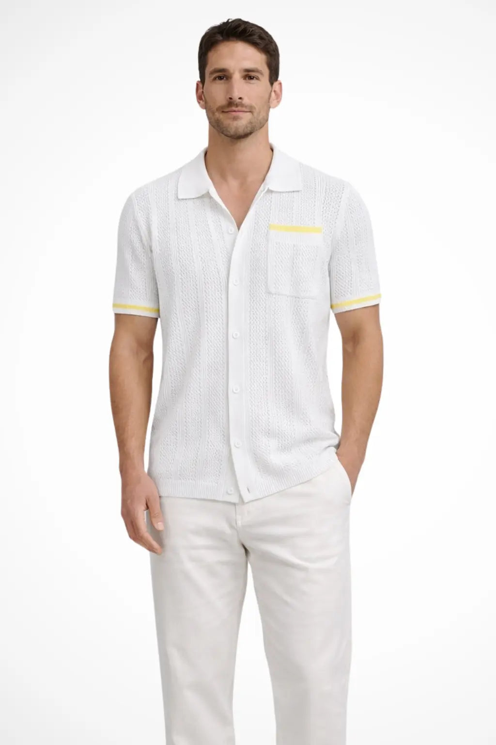 Finlay | Men Short Sleeve Camp Collar Button Front Openwork Knit Shirt with Contrast Trim TARHUS Shirts