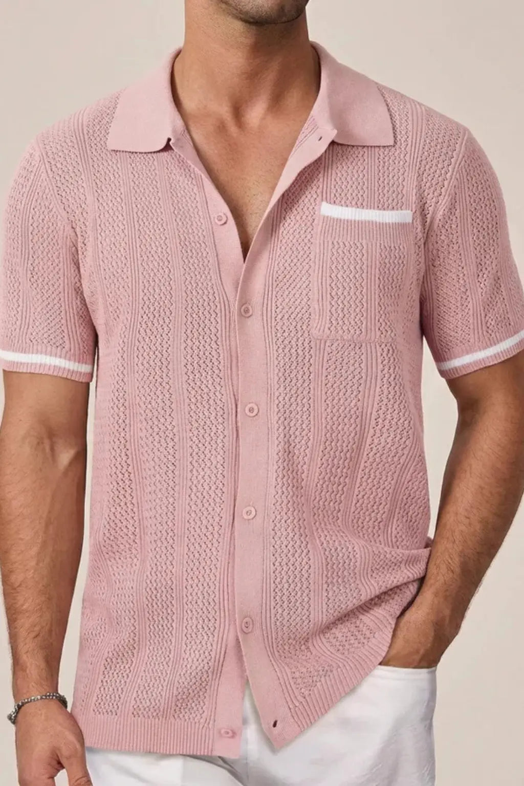 Finlay | Men Short Sleeve Camp Collar Button Front Openwork Knit Shirt with Contrast Trim TARHUS Shirts