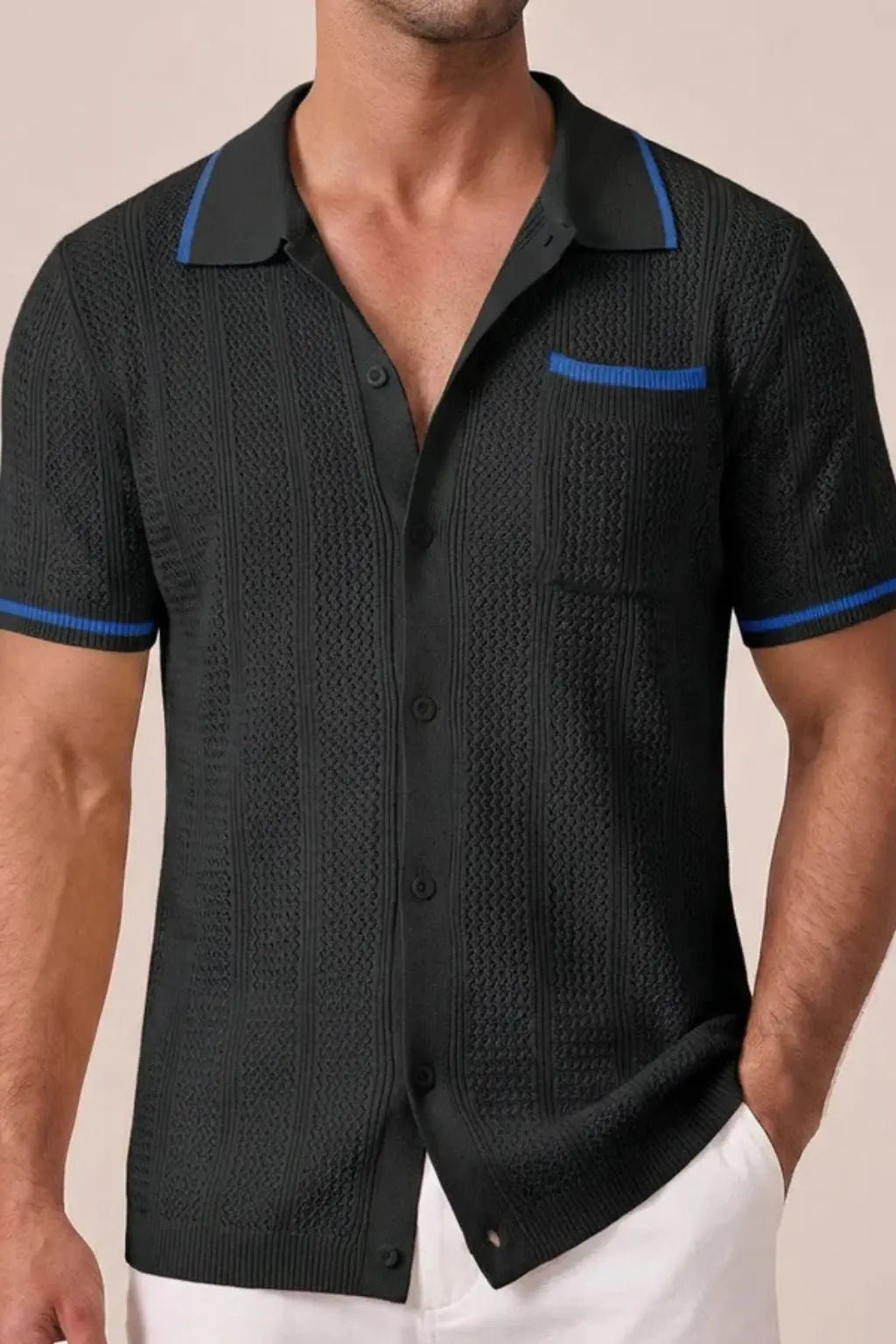 Finlay | Men Short Sleeve Camp Collar Button Front Openwork Knit Shirt with Contrast Trim TARHUS Shirts