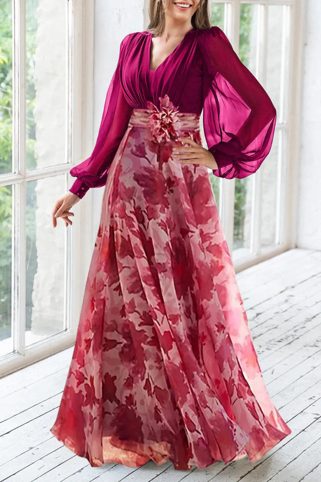 Valentina | Women V Neck Balloon Sleeve Floral Print Maxi Wedding Guest Dress TARHUS Mother of the Bride Dresses