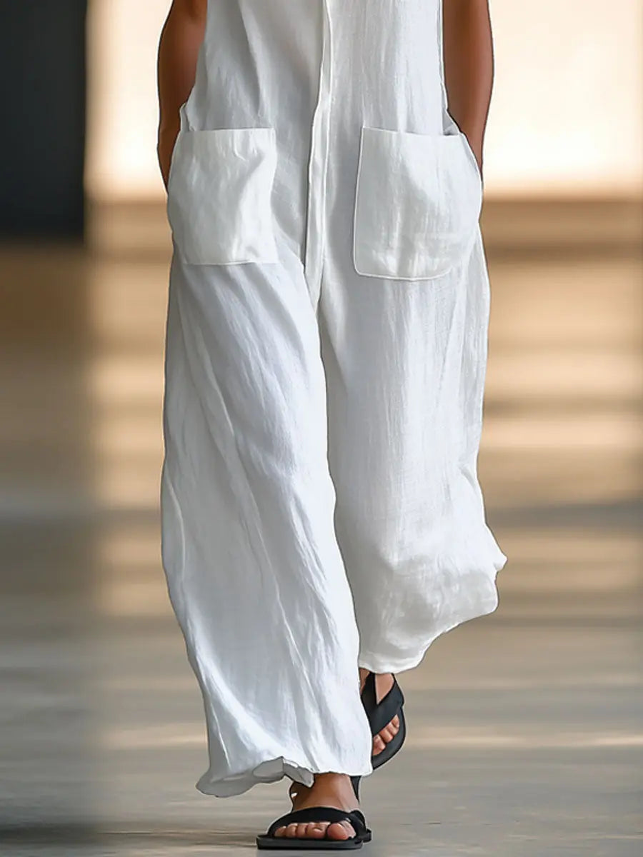 Casual Retro White Linen Sleeveless Jumpsuit - TARHUS