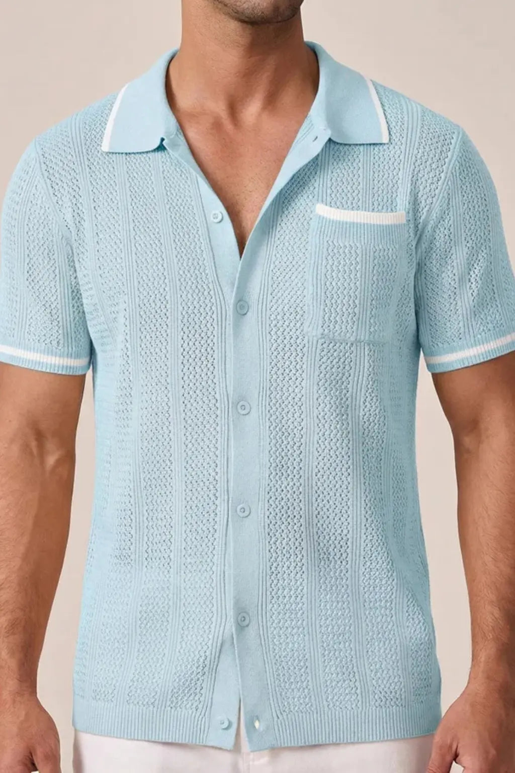 Finlay | Men Short Sleeve Camp Collar Button Front Openwork Knit Shirt with Contrast Trim TARHUS Shirts