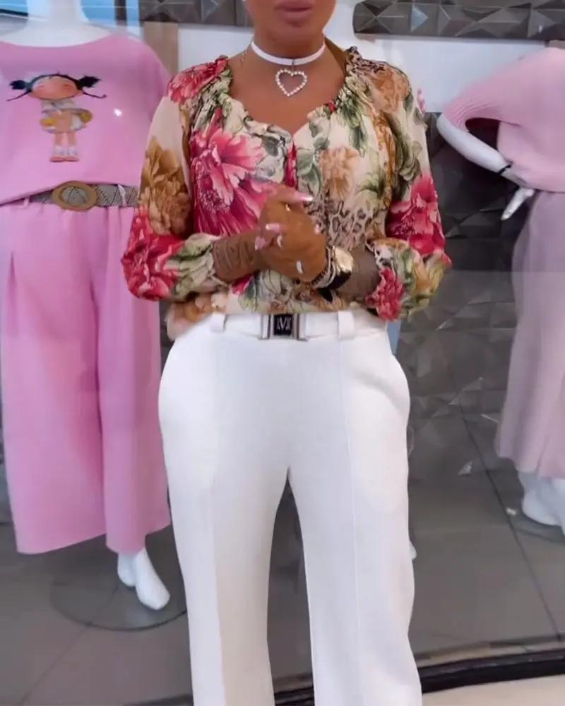 Selina | Floral Print V-Neck Blouse – Long Sleeve Cotton Blend Shirt Top for Women TARHUS Blouses & Shirts