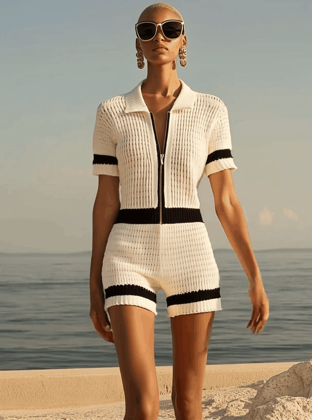Breathable Fashion Front Zipper Short Sleeve Knit Shorts Jumpsuit - TARHUS