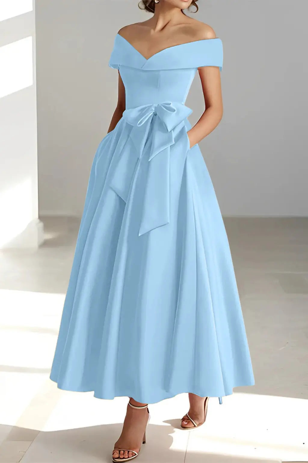 Arabella | Women Off Shoulder Bow Waist A Line Midi Wedding Guest Dress TARHUS Mother of the Bride Dresses