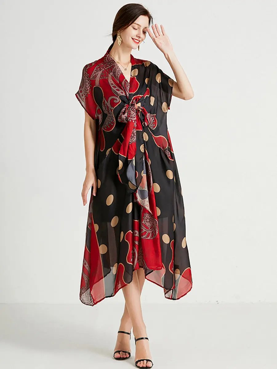 Women Summer Retro Dot Print Drawstring Loose Dress - TARHUS