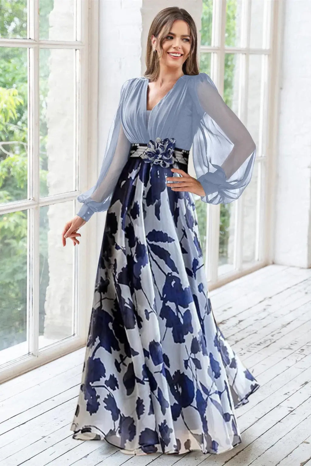 Valentina | Women V Neck Balloon Sleeve Floral Print Maxi Wedding Guest Dress TARHUS Mother of the Bride Dresses