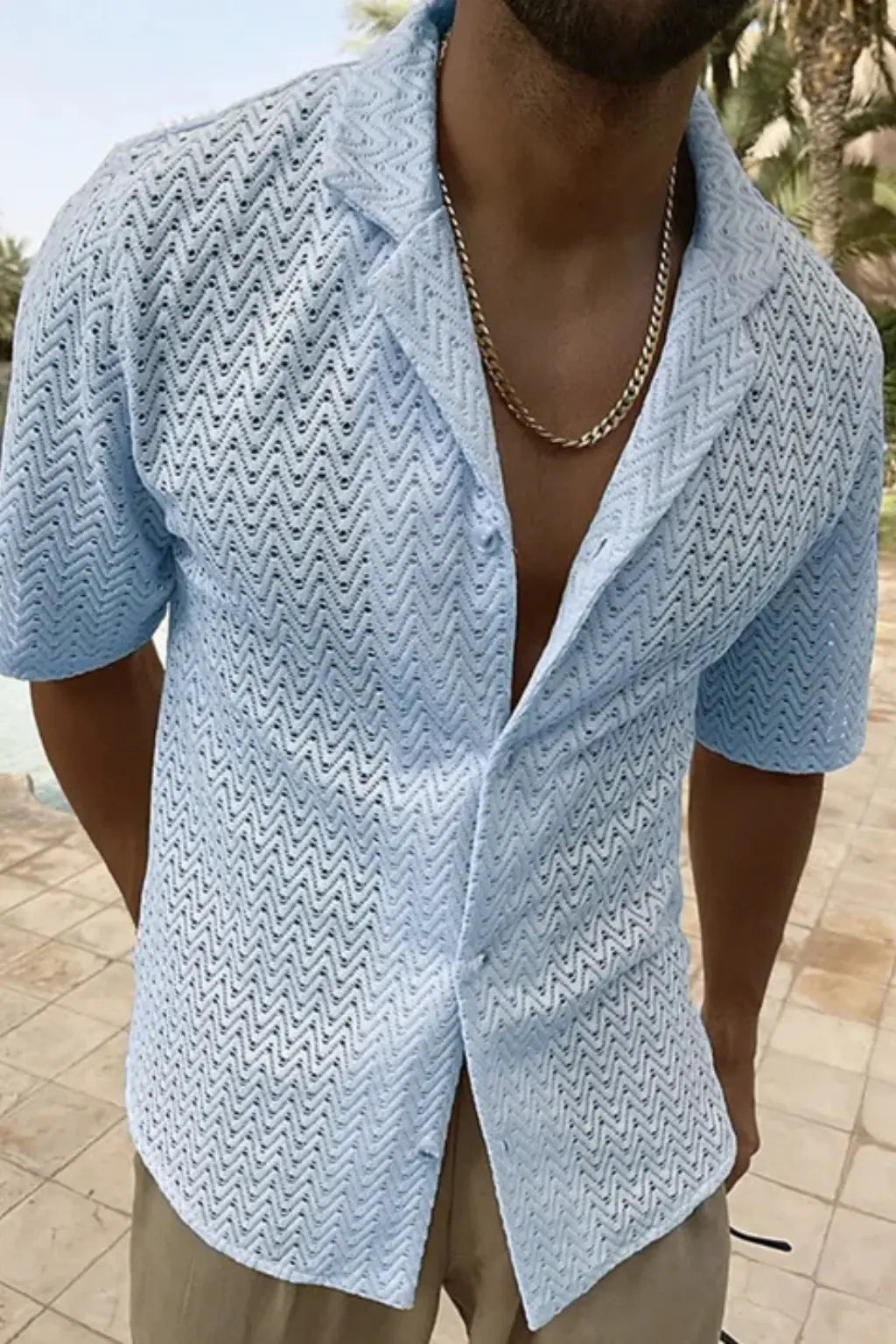 Solano | Men Short Sleeve Open Collar Chevron Textured Summer Shirt TARHUS Men > Tops