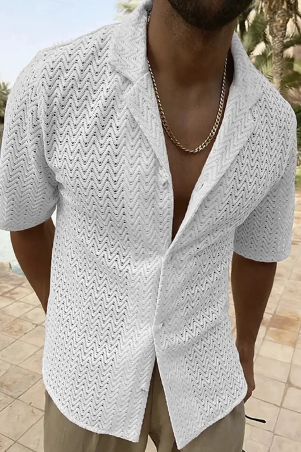 Solano | Men Short Sleeve Open Collar Chevron Textured Summer Shirt TARHUS Men > Tops