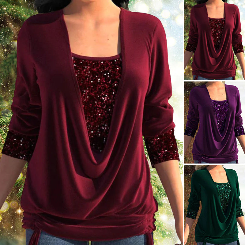 Sequin Loose Smocked Fake Two-Piece Top - TARHUS
