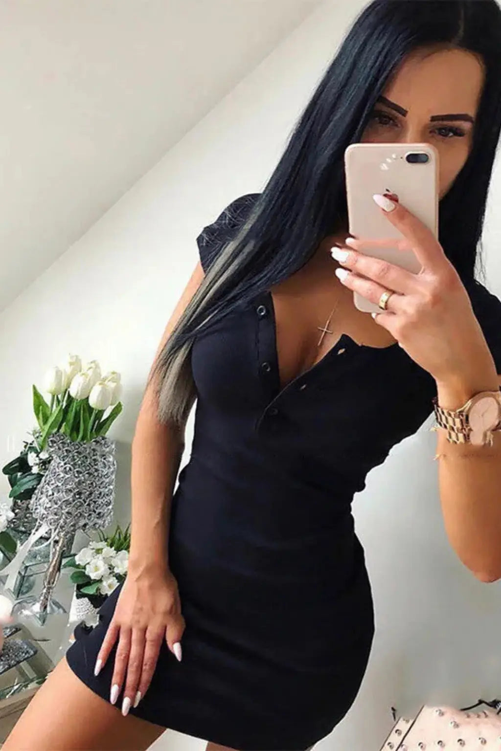 Niamh | Women Ribbed Knit Bodycon Mini Dress with Button Detail TARHUS