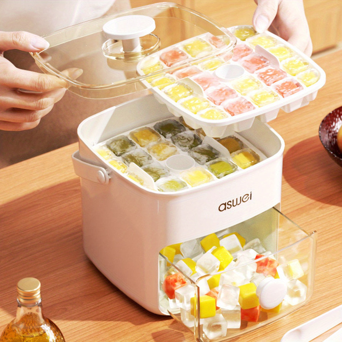 Easy-Press Ice Cube Mold | Tray - Large Capacity, Ice Cube Trays for Freezer, Double Layer 48 Ice Trays, Food-Grade plastic Ice Storage Freezer with Box Container, Stackable with Storage Iced Bucket Kits, Scoop, for Soup, Food, Drink, Coffee TARHUS