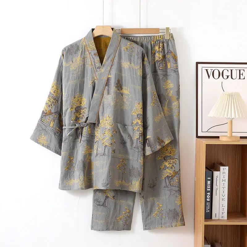 Neutral Landscape Kimono Cotton Pajama Set - TARHUS