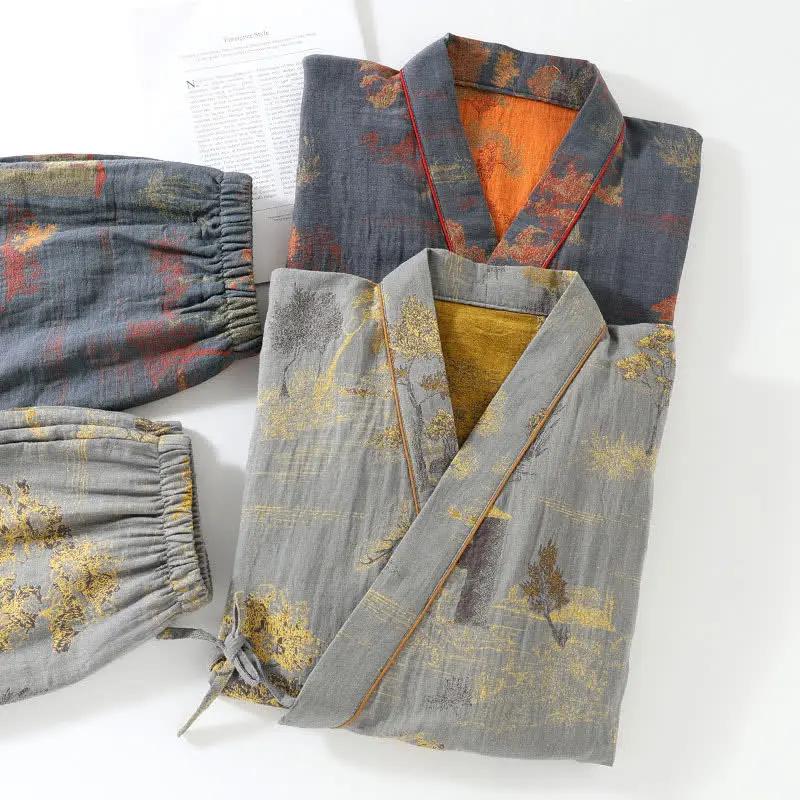 Neutral Landscape Kimono Cotton Pajama Set - TARHUS