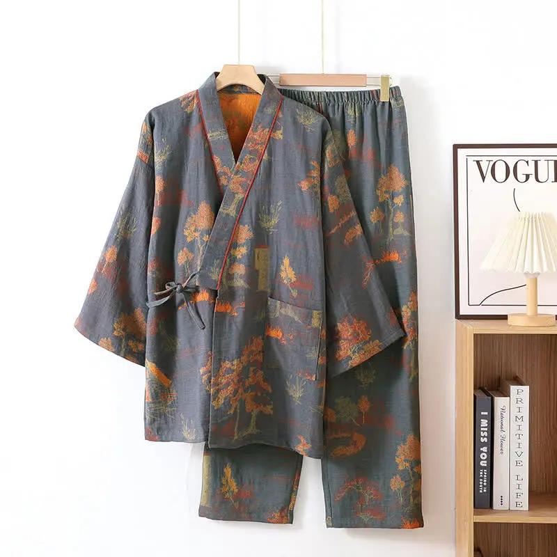 Neutral Landscape Kimono Cotton Pajama Set - TARHUS