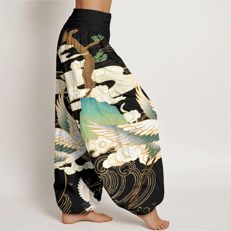 Buddha Stones Flying Cranes Auspicious Clouds Tree women's Elastic Waist Harem Pants - TARHUS