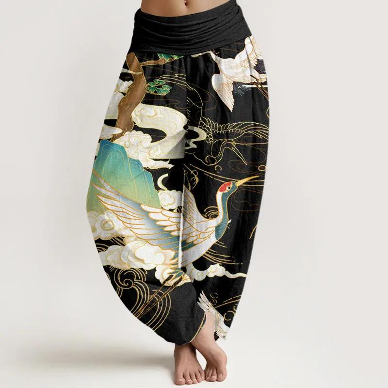 Buddha Stones Flying Cranes Auspicious Clouds Tree women's Elastic Waist Harem Pants - TARHUS